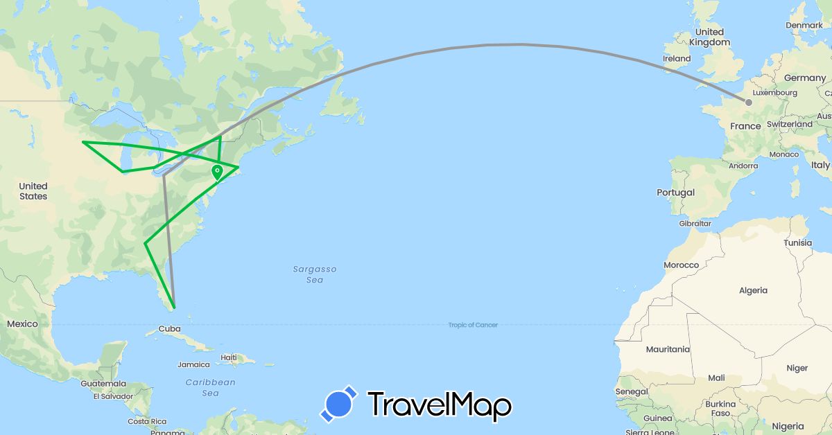 TravelMap itinerary: bus, plane in Canada, France, United States (Europe, North America)