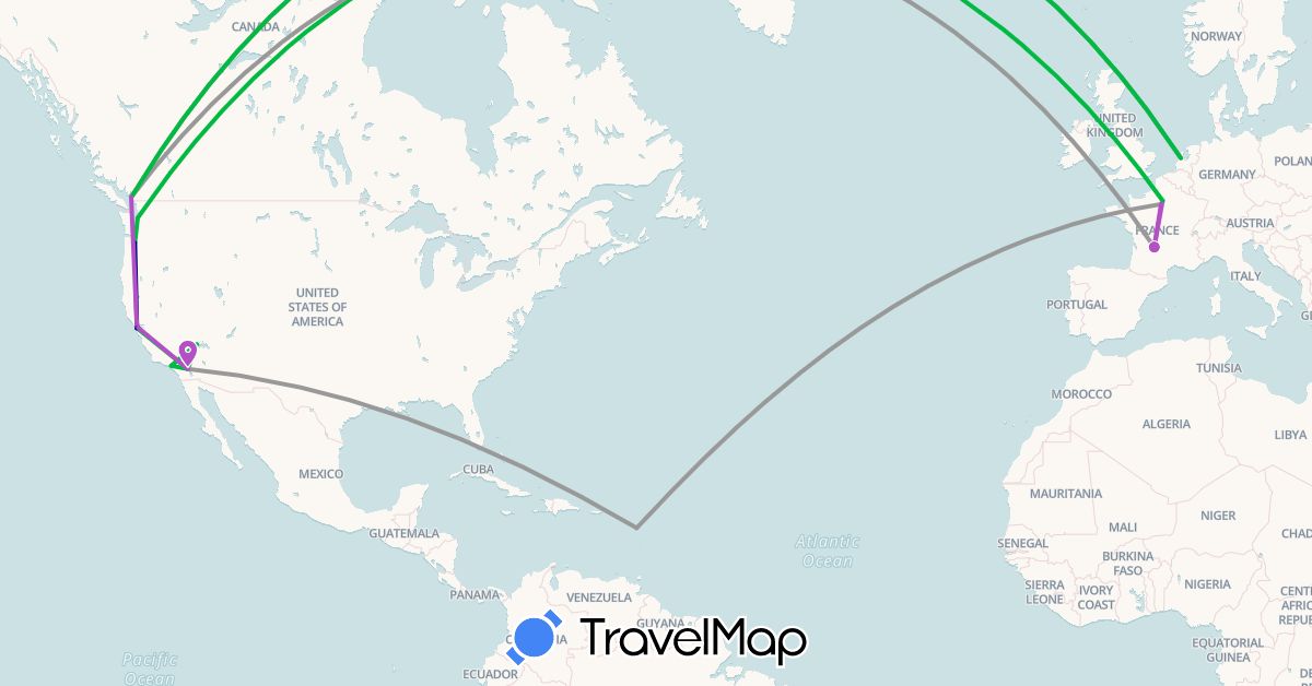 TravelMap itinerary: driving, bus, plane, train in Canada, France, Guadeloupe, Netherlands, United States (Europe, North America)